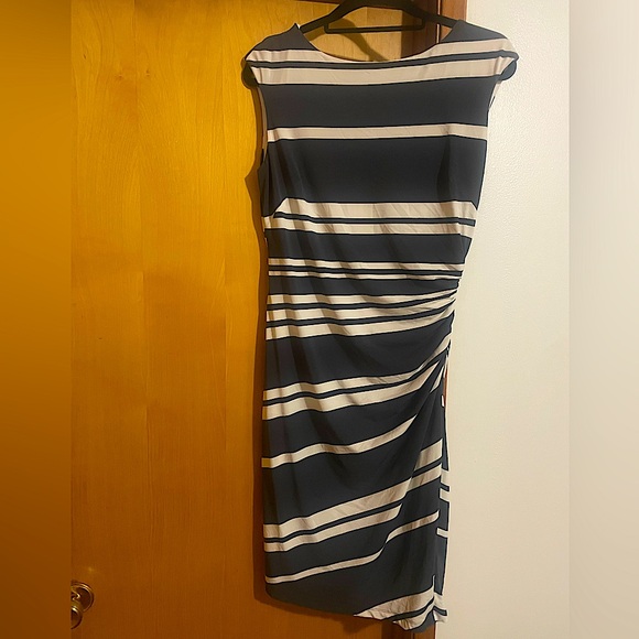 Ralph Lauren (Size 12) Gray and White Striped Jersey, Ruched Side Sheath Dress - Picture 1 of 9